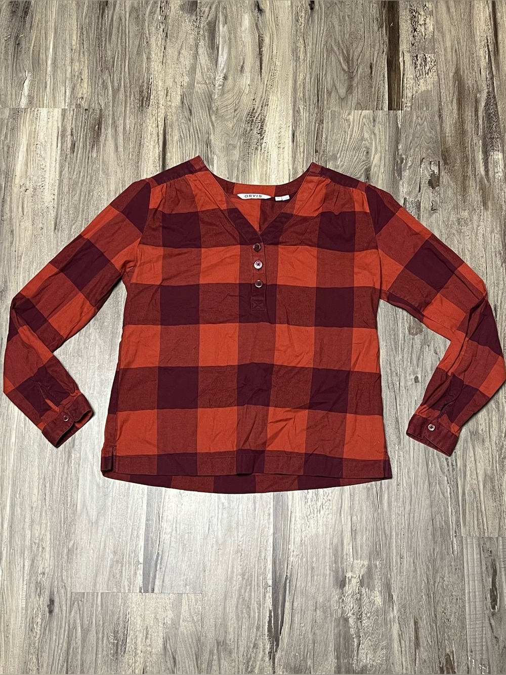 Orvis Womens Red Burgundy Buffalo Plaid Flannel Popover Henley Shirt Size M